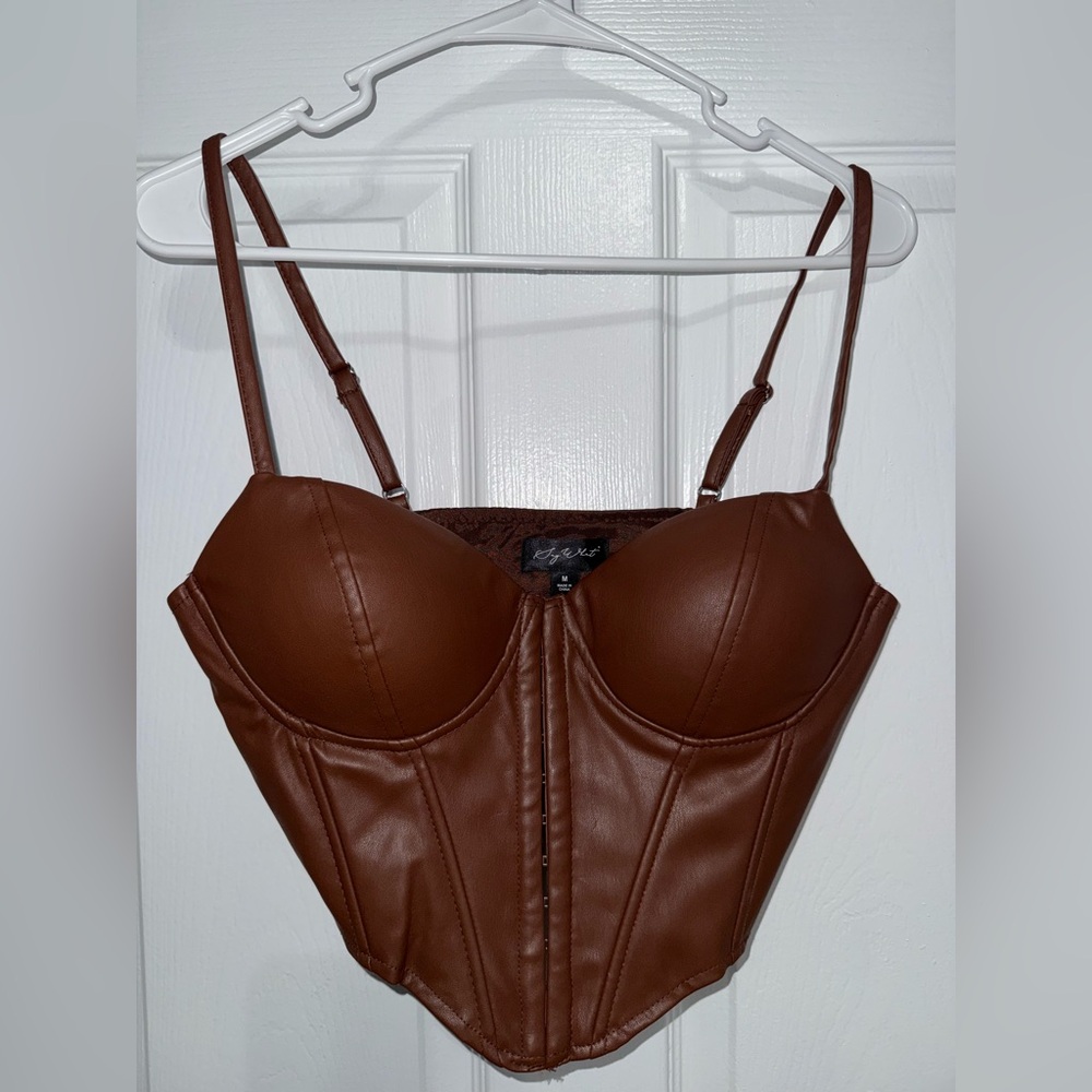 Say What | Brown Leather Corset Crop Top Tank